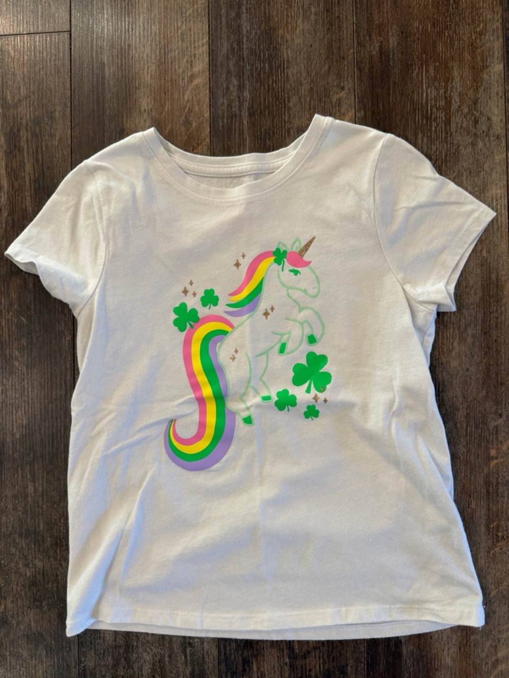 Cat & Jack White Tee with Rainbow Unicorn and Green Clover Accents